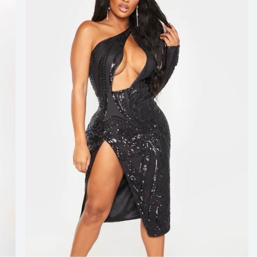NWT PrettyLittleThing Shape Black Sequin Cut Out One-Shoulder Midi Dress Size 2